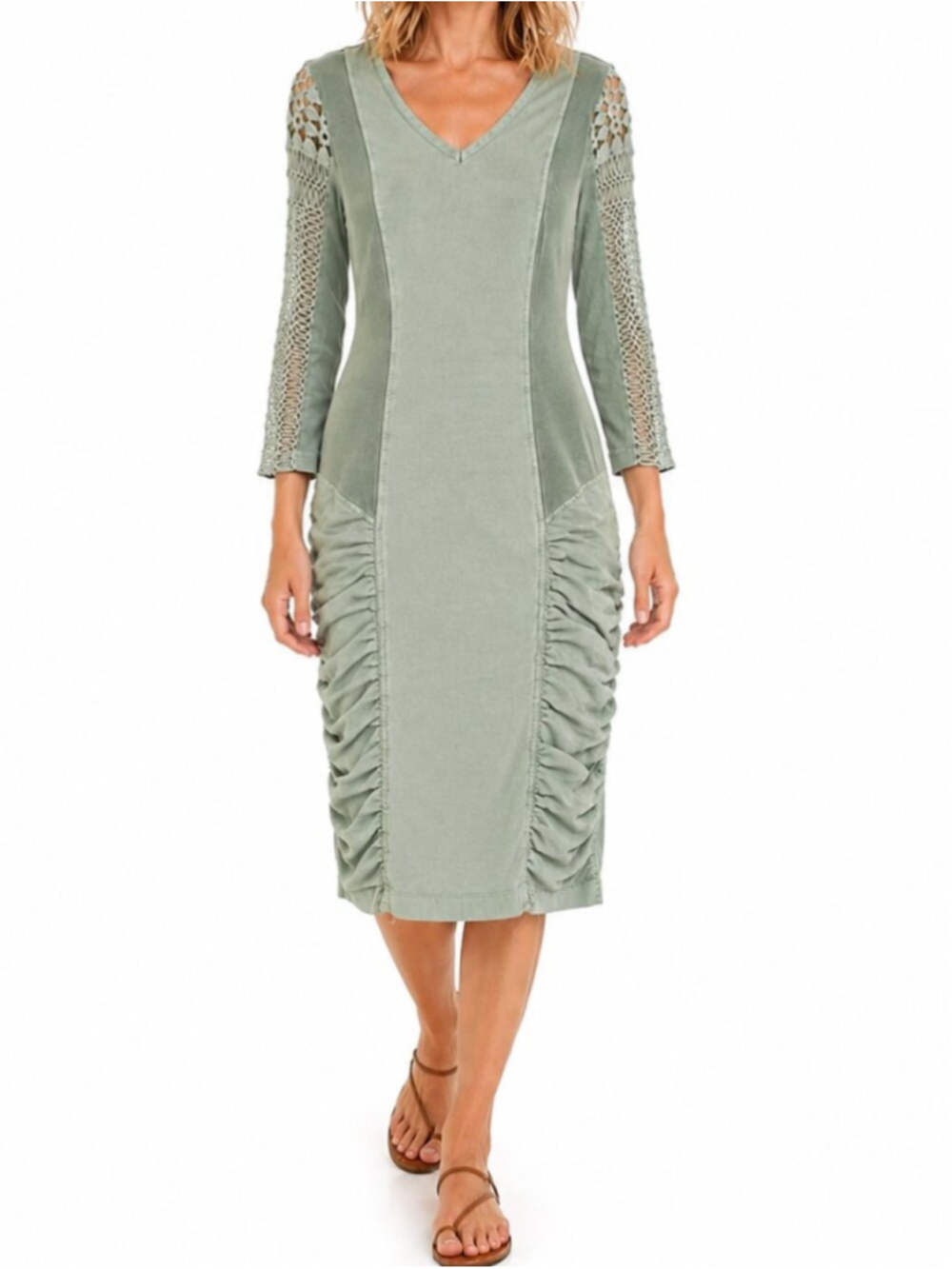 XCVI Midi Shift Dress Sage Green Medium Crochet Sleeve V-Neck Ruched Skirt Boho